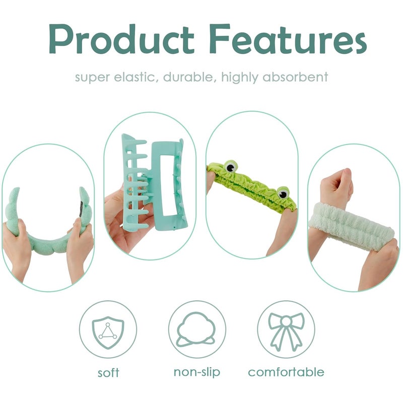 Canitor Spa Headband Wrist Bands with Hair Clips Green Frog Makeup Skincare for Washing Face Skin Care Preppy Teen Girl Gifts Cute Trendy Stuff Hair Accessories for Women - Image 2